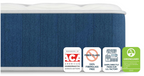 Blue mattress with certification logos on a white background