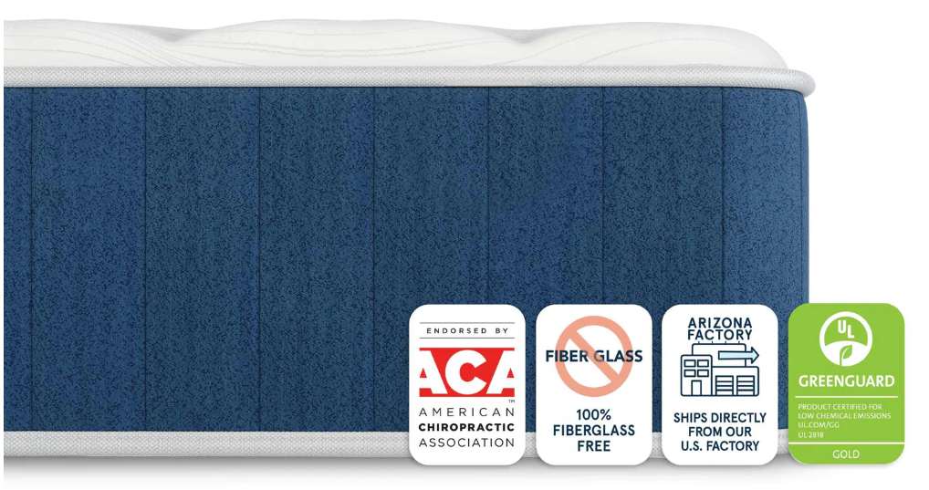 Blue mattress with certification logos on a white background