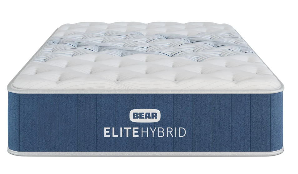 Bear Elite Hybrid mattress with blue and white design on a white background