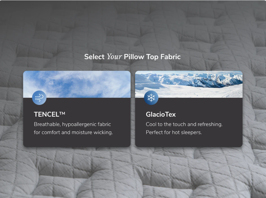 Two fabric options for a pillow top on a textured fabric background.